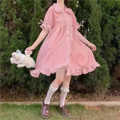 Japanese Sweet Girl Lolita Dress White 2021 Summer Kawaii Peter Pan Collar Cute Ruffle Puff Sleeve Drees Elegant Lady Dresses