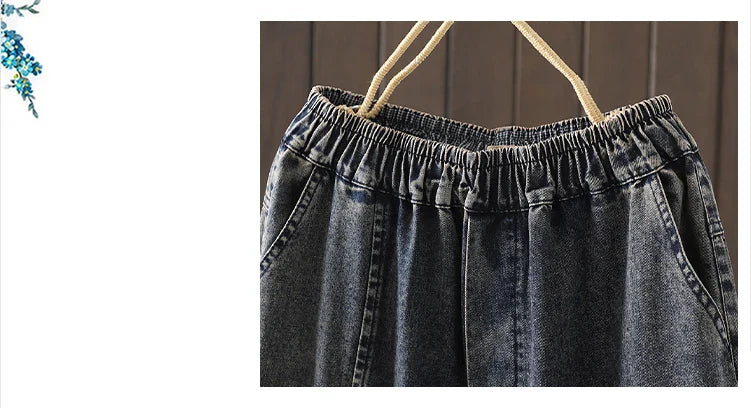 Fashion Y2K Women's Jeans plus Size Elastic Waist patch embroidery print Harem Pants Autumn Vintage Loose Ripped Denim Pants