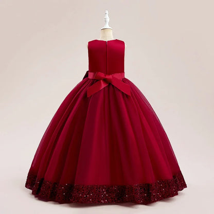 Fluffy Sequin Bridemaid Princess Girls Dress Elegant Bow Pink Wedding Prom Evening Kids Party Dresses for Girl Birthday Costumes
