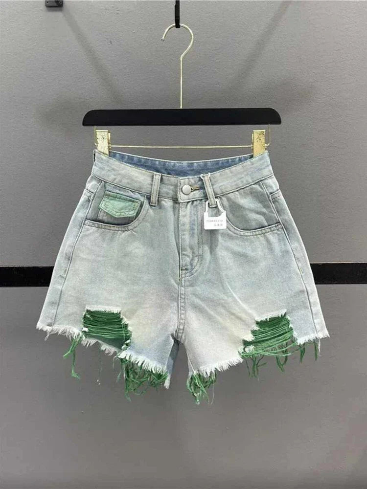 Korean Style Pink Hole Denim Shorts Women Summer New High Waist Raw Edge A-line Hot Girls Shorts Fashion Niche Slim Hot Pants