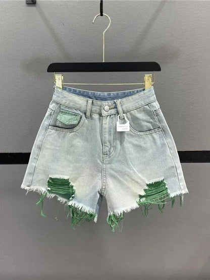 Korean Style Pink Hole Denim Shorts Women Summer New High Waist Raw Edge A-line Hot Girls Shorts Fashion Niche Slim Hot Pants
