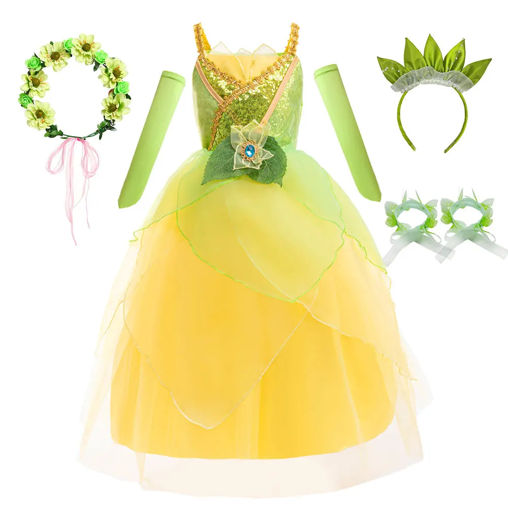 2026 Fairy Tale Fancy Princess and Frog Costume Play Tiana Ball Gown with Gloves Deluxe Suspender Dress 2 4 5 7 8Y Girl Carnival