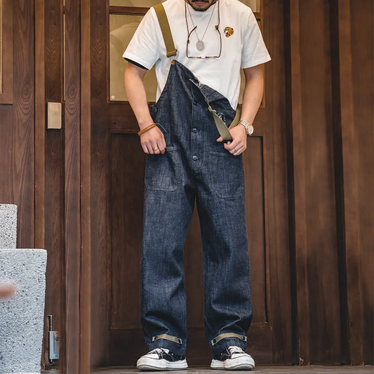 Vintage Unisex Denim Overalls Baggy Fit Navy Deck Jumpsuits Couple Cotton Wide-leg Oversize Jeans for Autumn and Winter