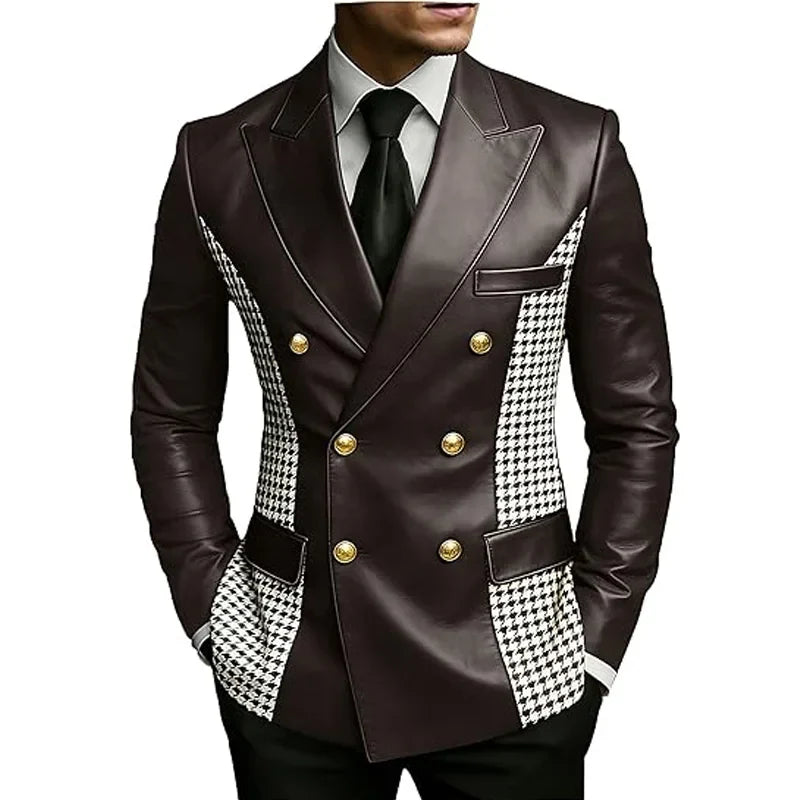 Men’s Brown Leather Blazer With Houndstooth Sides Vintage Two-Tone Double Breasted Slim Fit Gold Buttons Leather Tuxedo Jacket
