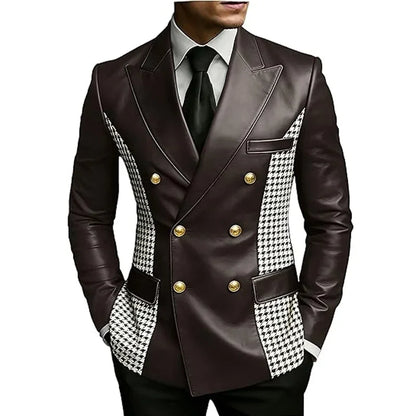 Men’s Brown Leather Blazer With Houndstooth Sides Vintage Two-Tone Double Breasted Slim Fit Gold Buttons Leather Tuxedo Jacket