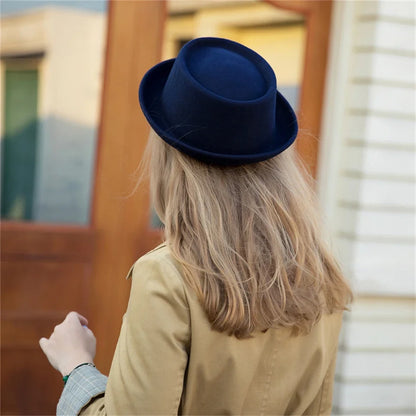 100% Wool Pork Pie Fedora Hat for Women Men Autumn Winter Felt Curved Brim Porkpie Hat