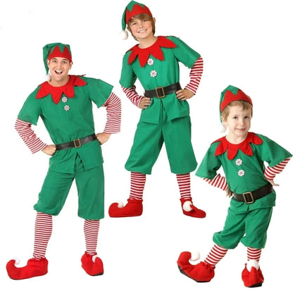 2025 Girl Boy Christmas Elf Costumes Santa Claus Suit Festival Adult Family Halloween Cosplay Sets Green Elves Clothes