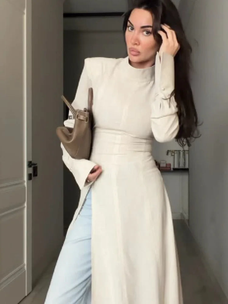 Women's Elegant High Neck Long Sleeve Maxi Dress With Side Slit Shoulder Pad Slim Fit Floor Length Tunic Top Versatile Clothing
