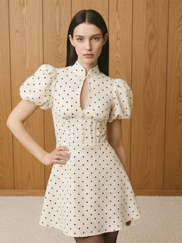 Retro Polka Dot Mini A-line Dress Elegant Stand Collar Puff Short Sleeve Waist-cinching Dresses 2026 New Lady Party Gowns