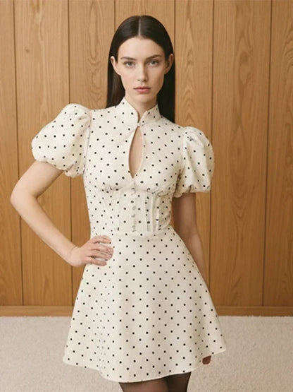 Retro Polka Dot Mini A-line Dress Elegant Stand Collar Puff Short Sleeve Waist-cinching Dresses 2026 New Lady Party Gowns