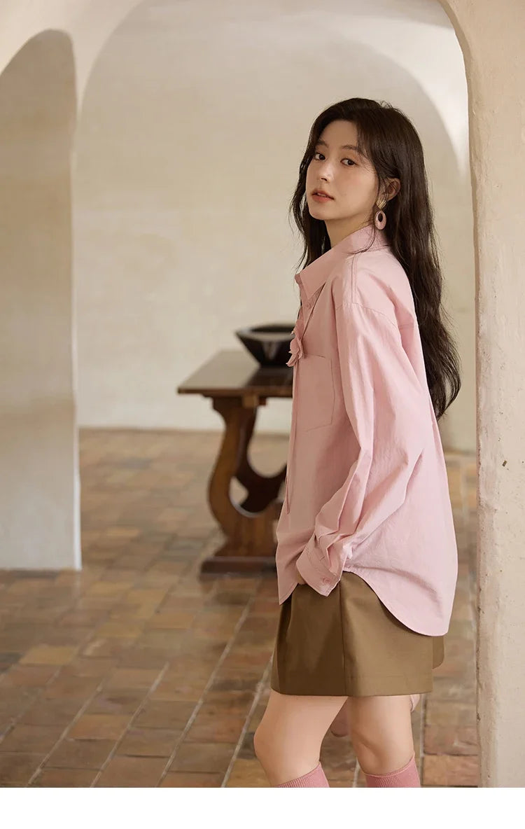 100% Cotton Shirt For Women Autumn 2025 New Fashion Petal Ribbon Button Long Sleeves Shirt Women's Clothing MXE41C2349