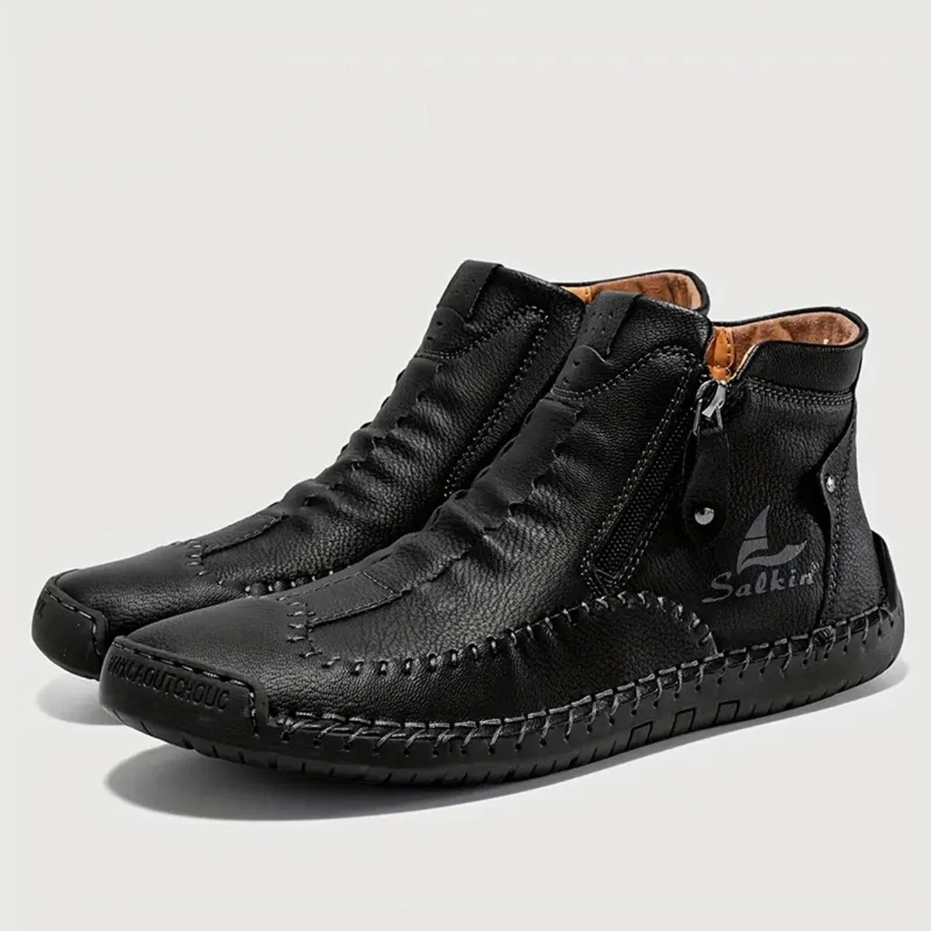 Men's Hand-Sewn High-Top Boots, Fashionable Side-Zip Casual Shoes, All-Season Outdoor Boots, Large Size Men's Shoes, Comfortable Bare Boots