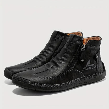 Men's Hand-Sewn High-Top Boots, Fashionable Side-Zip Casual Shoes, All-Season Outdoor Boots, Large Size Men's Shoes, Comfortable Bare Boots