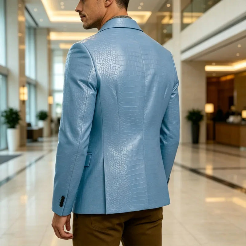 Vintage Men's Crocodile Embossed Leather Blazer Notch Lapel 1 Button Jacket Business Casual Formal Luxury Coat With Flap Pockets