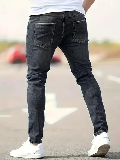 New men's jeans elastic slim fit pants street wear classic ripped cat whiskers casual jeans tight zipper denim clothing black bl