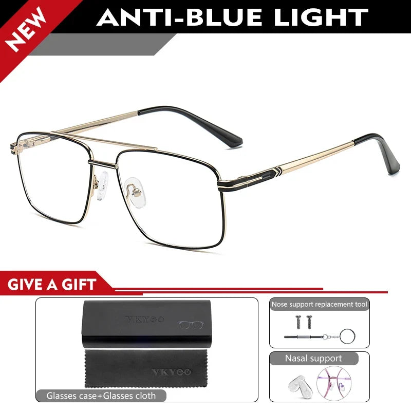 Classic Business Men's Metal Geometric Square Frame Eyewear Customizable Prescription Blue Light Protection Eyewear