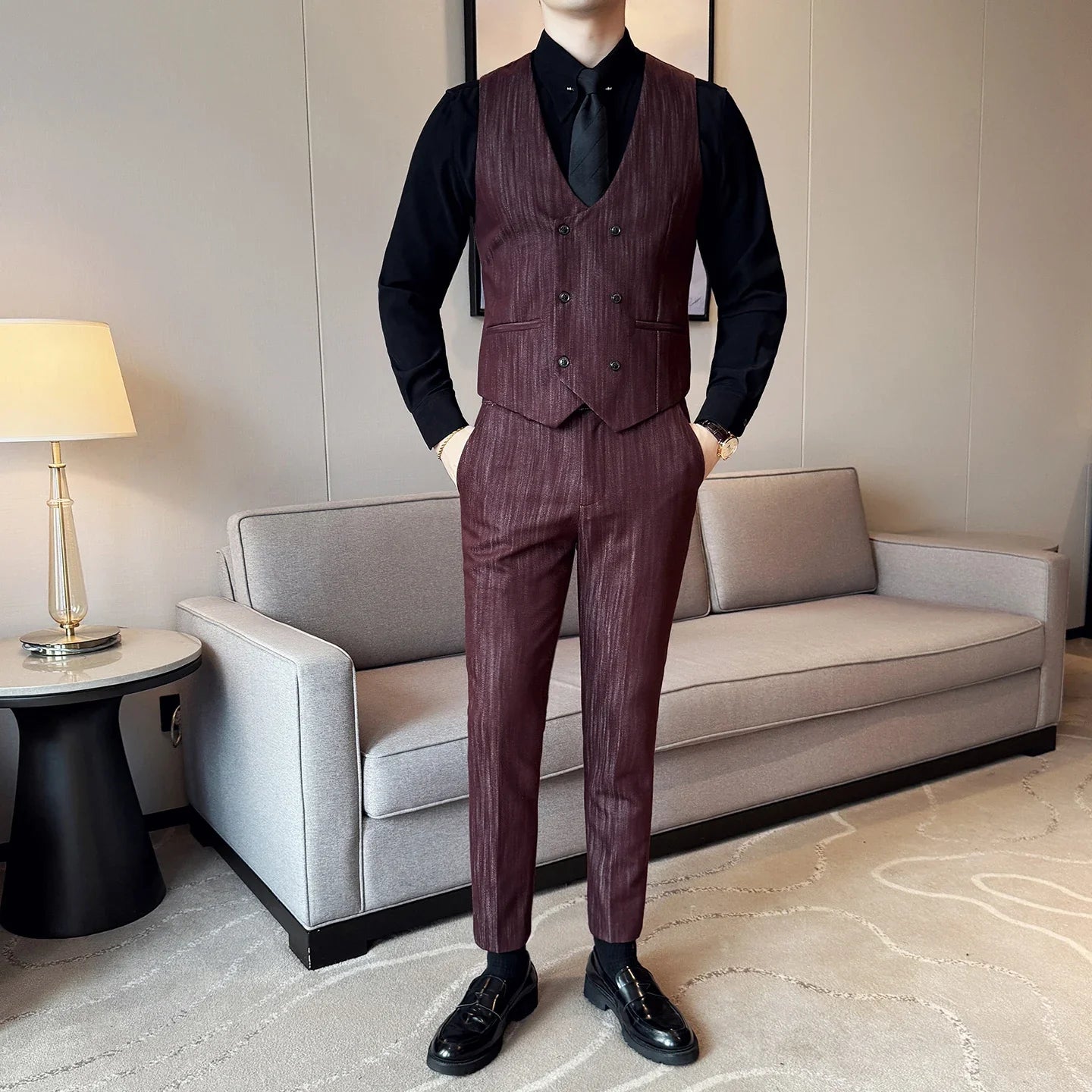 ( Vest + Pants) Double-breasted Striped With Pants Men Business Slim Fit Suit Vest 2 pieces Formal Groom Wedding Dress Vest