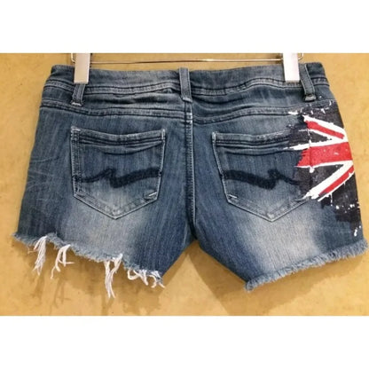 American Y2K Retro Graffiti British Flag Short Jeans Harajuku Women's Washed Denim Shorts Tight Low Waist Shorts