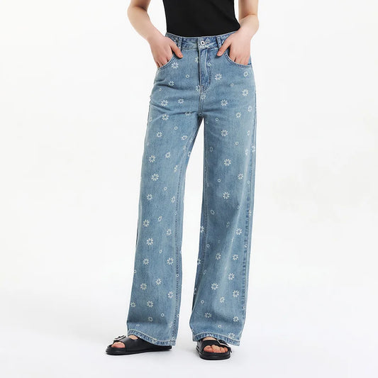All Over Print Denim Pants Women Sweet Niche 2025 Summer New Cotton Wide Leg Trousers
