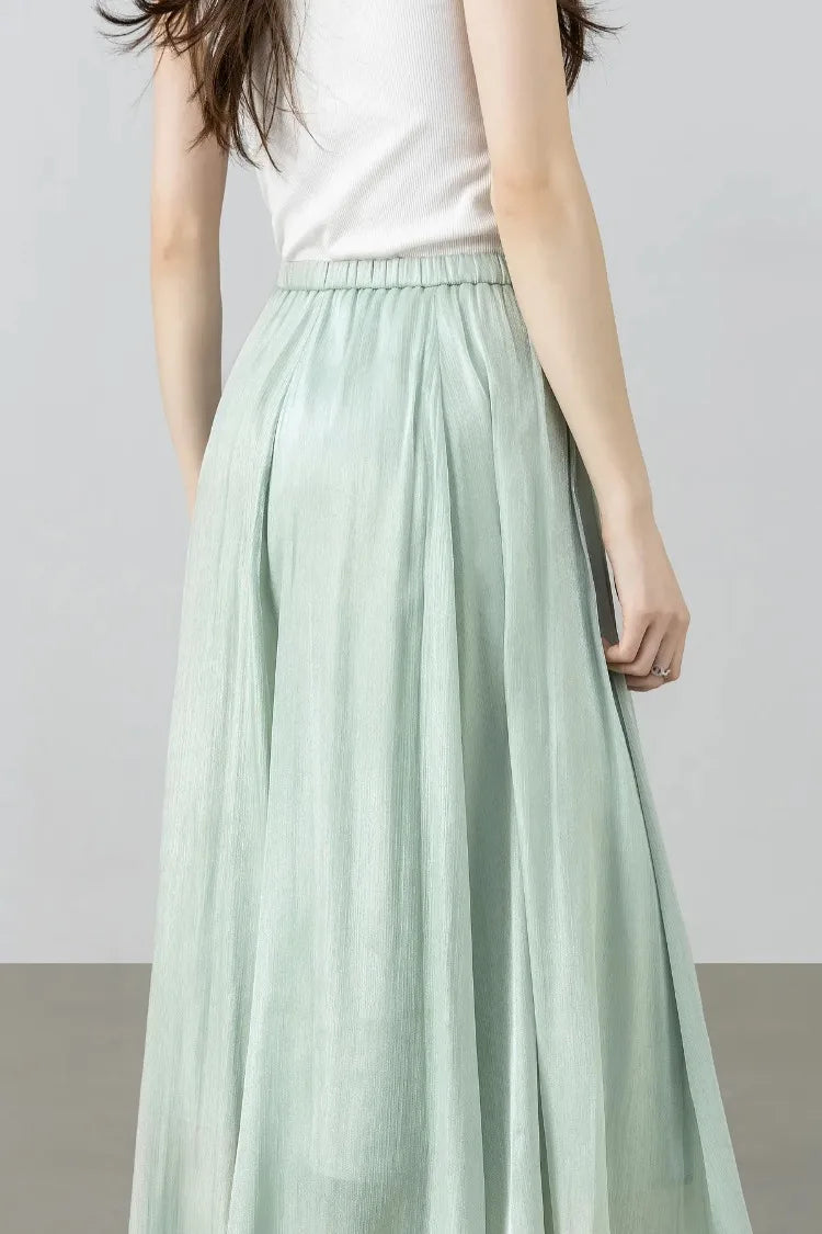Women's Gray Elegant Skirt 2026 Summer Elastic Waist Sheen Flowy A Line Long Skirt for Woman Ladies Clothes 162QG4909