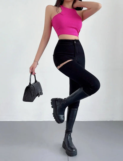 American Spicy Girls Sexy Hole Jeans Slim High Waist Elastic Feet Pencil Pants Trousers Fashion Women BOF8