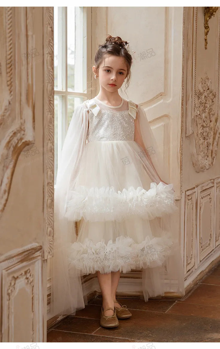 Sweet Baby Girls 2026 Summer New High-end Tulle Sequin Formal Princess Gown Kids Performance White Tulle Birthday Party Dress