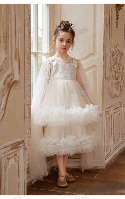 Sweet Baby Girls 2026 Summer New High-end Tulle Sequin Formal Princess Gown Kids Performance White Tulle Birthday Party Dress