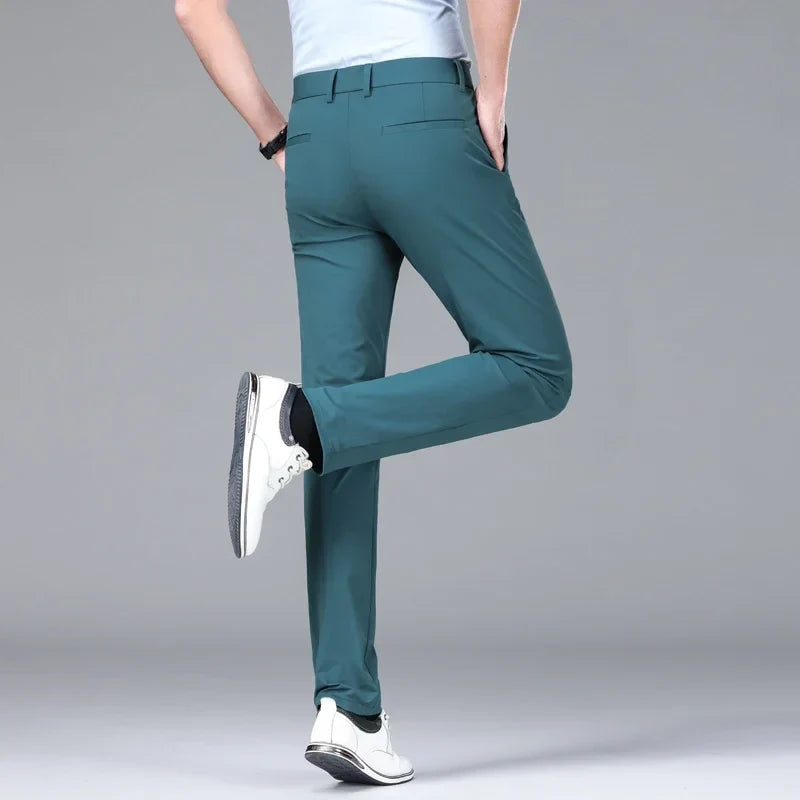 New Summer Men's Ice Silk High Stretch Business Suit Pants Male Army Green Blue Elastic Formal Office Straight Formal Trousers