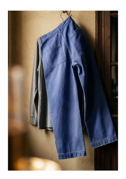 Men‘s Vintage Washed Denim Jeans Blue Cotton Canvas Workwear Zipper Pants Loose Fit Casual Trousers for Spring and Autum