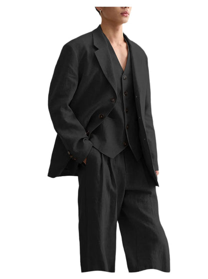 Men's Linen Suit Classic Notch Lapel 3 piece(Blazer+Vest+Pants)Breathable Wide Leg Trousers for Groom Spring Summer Party