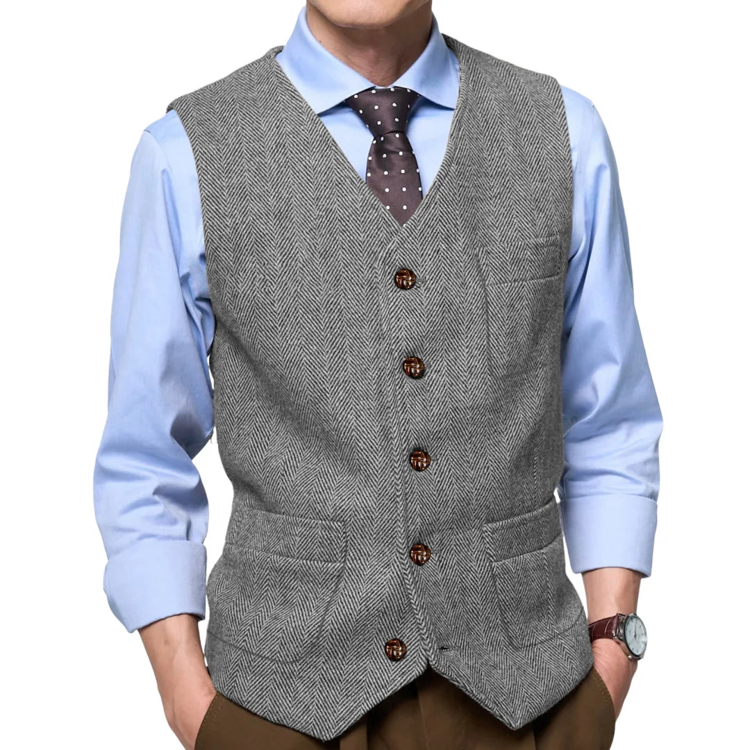 Men Vest Gray Herringbone Single Button With Pocket Waistcoat For Wedding Party Business Work Office Daily Casual Men Suit Vest