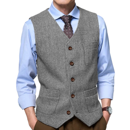 Men Vest Gray Herringbone Single Button With Pocket Waistcoat For Wedding Party Business Work Office Daily Casual Men Suit Vest