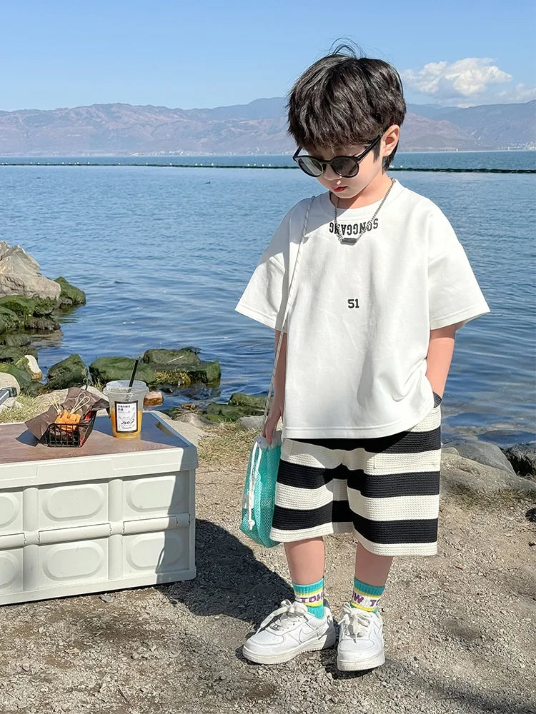 Summer Boys Cotton Leisure White T-Shirt Tops+Contrast Stripes Shorts Pant Set School Kids 2PCS Tracksuit Children Outfit 3-14Yr