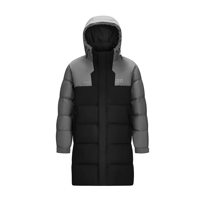 Down Jacket Men Mid-Length Hooded Sport Colorblock 2026 Winter Man Clothes Warm Outerwear Windproof Warm Colorblock Design