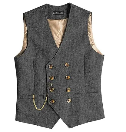 Men Suit Gray Vintage Double Breasted Blend Waistcoat For Wedding Groomsmen Banquet Men Coat