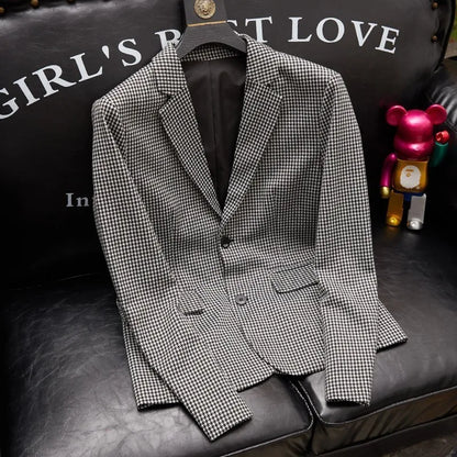 Plus-Size Men's Spring New Korean Style Slim-Fit Trendy Handsome Single-Breasted Houndstooth Suit Jacket