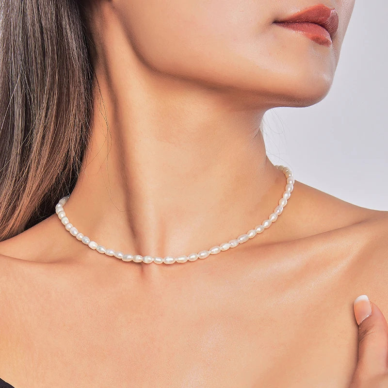 Small Size 4.5-5.5mm Natural Freshwater White Pearl Necklace Rice Shape Fashion S925 Silver Jewelry for Women Girls