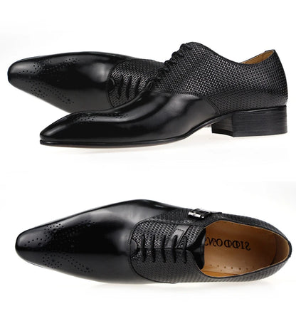 Mens Formal Genuine Leather Shoes Fashion Zapato Social Male Wedding Dress Loafer Weave Printing Lace-up Daily Brogue Shoes