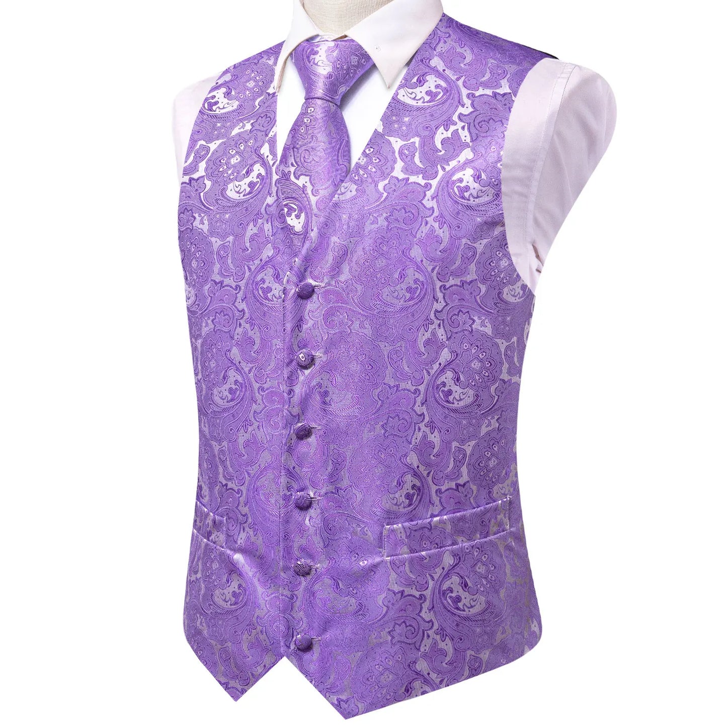 Elegant Purple Silk Mens Vests Tie Fashion Paisley Jacquard Sleeveless Jacket 4PC Hanky Cufflink Paisley Suit Waistcoats Wedding
