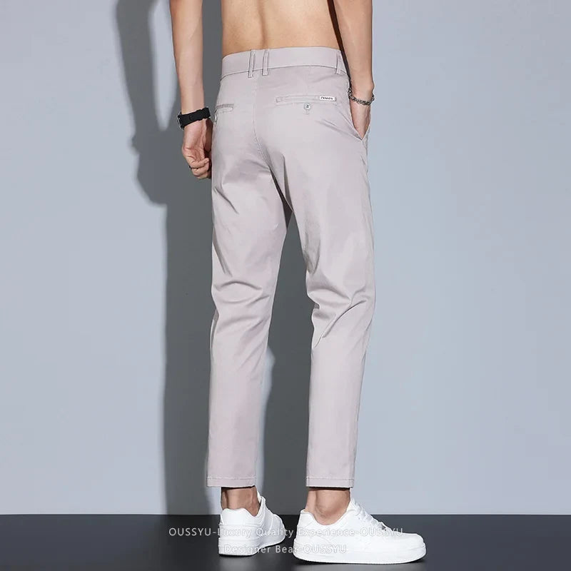 High Quality Summer Men's White Ankle Length Casual Pants 97%Cotton Breathable Straight Business Slim Work Chino Trousers Man