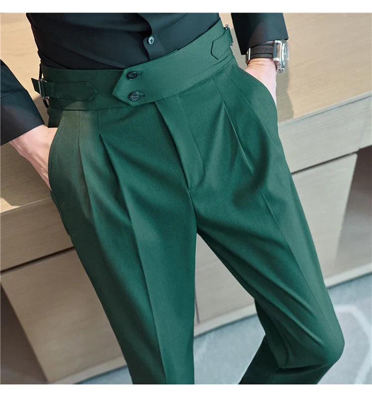 British Style Autumn New High Waist Trousers Men Belt Design Slim Fit Suit Pants Office Social Wedding Party Formal Pants Hommes