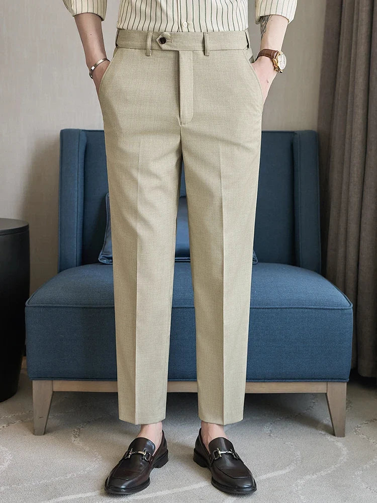 British Style Elastic Waist Men's Casual Slim Fit Trousers Summer High Quality Business Office Dress Wedding Party Suit Pants
