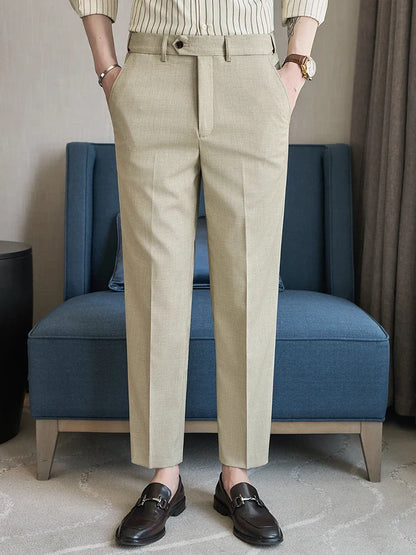 British Style Elastic Waist Men's Casual Slim Fit Trousers Summer High Quality Business Office Dress Wedding Party Suit Pants