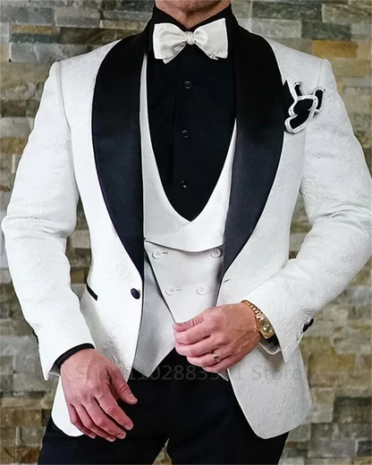 3 Pieces Black Jacquard Wedding  Party Tuxedo For Groom Wedding Shawl Lapel Slim Fit Mens Suits Male Waistcoat Vest Pants