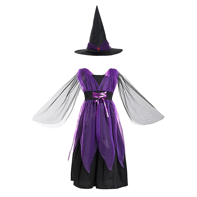 Halloween Costume for Kids Girls Purple Bat Dress Halloween Fantasy Vampire Costume Witch Cosplay Clothes Carnival Party Gifts