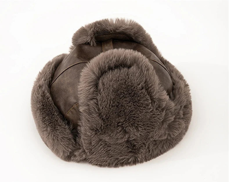 Men Winter Bomber Hat Outdoor Motorcycle Windproof Thicken Warm Faux Fur Pilot Earflap Hat Leather Thermal Ushanka