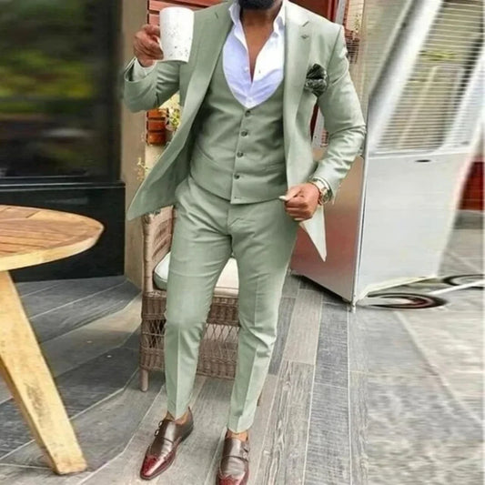 3 Pieces Green Men Suit Slim Fit Formal Business Office Casual Suits For Male Wedding Groom Tuxedo Party (Jacket+Pants+Vest )
