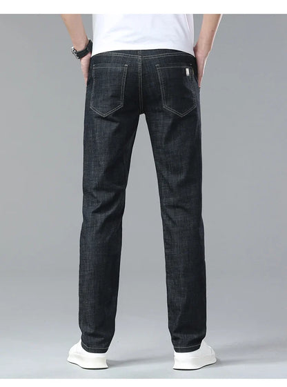 Light Blue Classic Business Casual Cotton Pants Fashion Breathable Denim Elastic Trousers Brand Men's Clothing Straight Jeans
