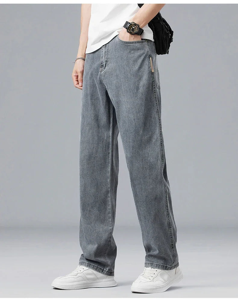 Lyocell Ultra-thin Summer Men's Jeans Elastic Ice Silk Drape Soft Loose Pants Straight Casual Denim Male Clothing Trousers