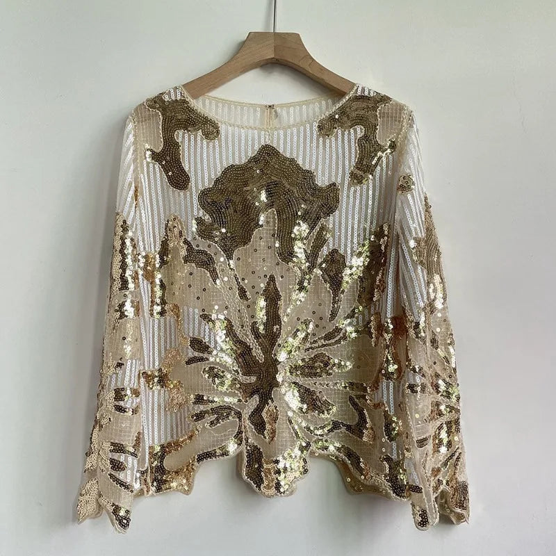 2025 Spring New Sequined Premium Outer Wear Ins Fashion Luxury Beads Long Sleeve Irregular Loose Chic T-shirt Top